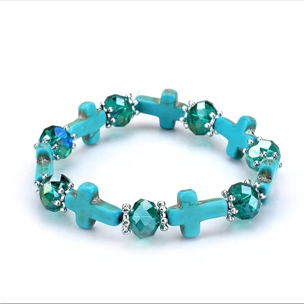 Turquoise Cross Beaded Stretch Bracelet